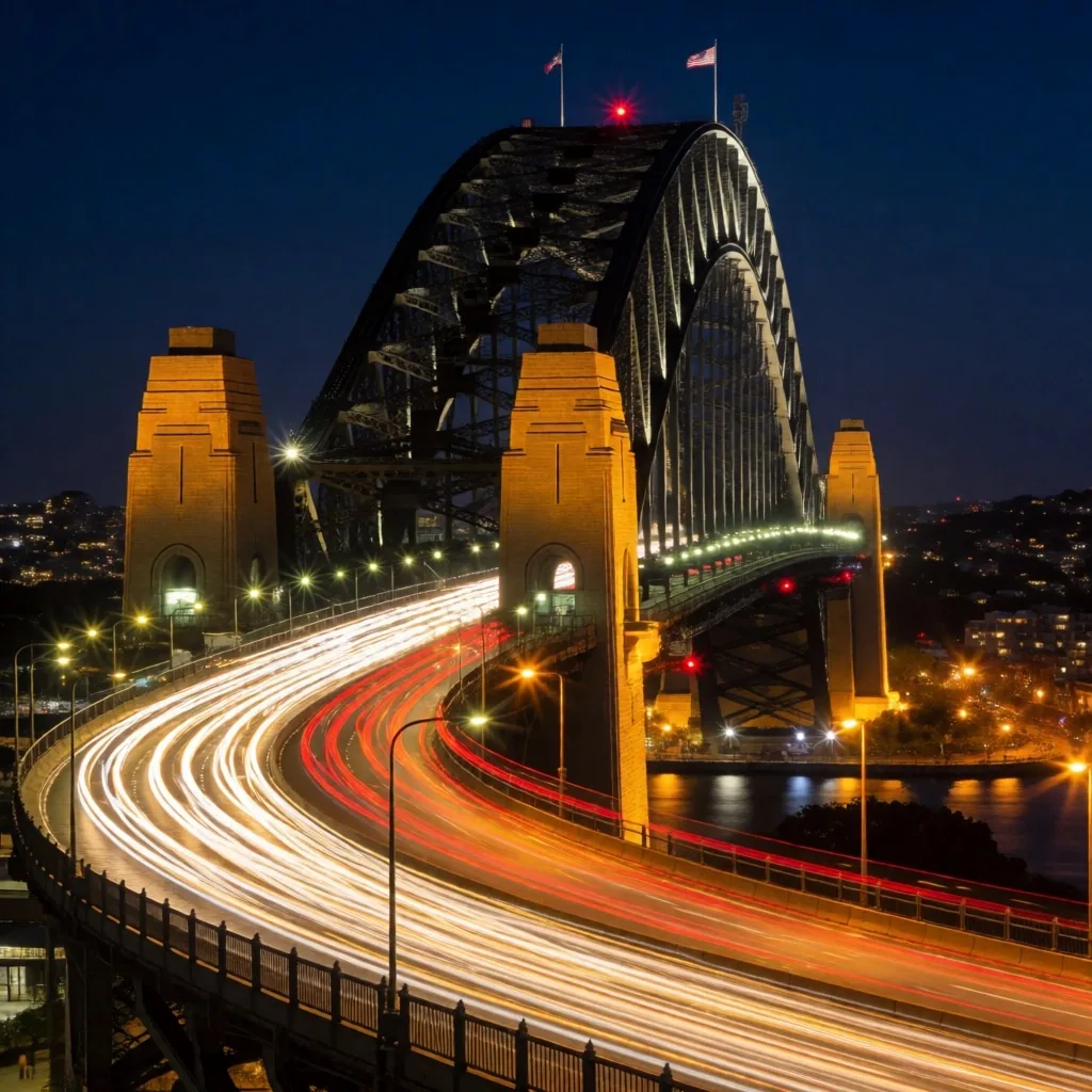 Sydney Harbour at midnight with long-exposure light trails