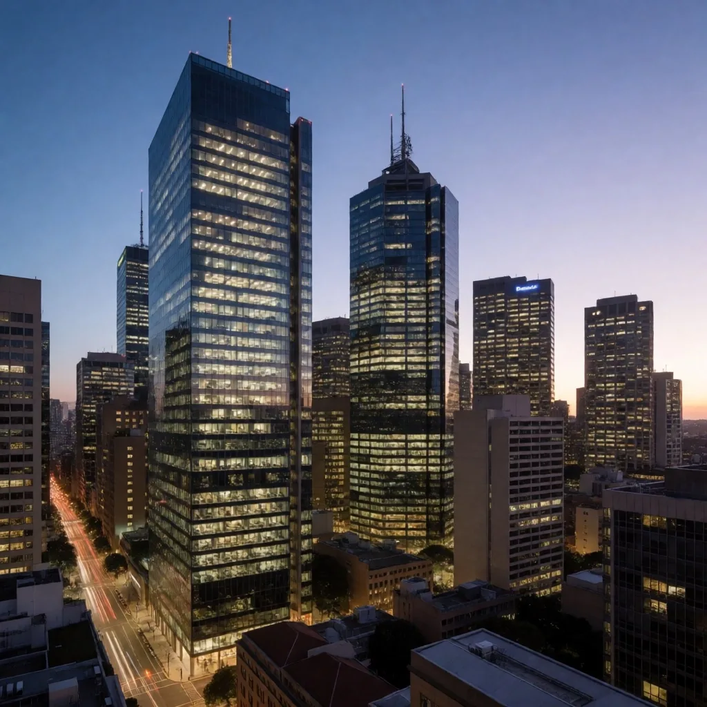 Sydney CBD skyline at blue hour with illuminated glass towers