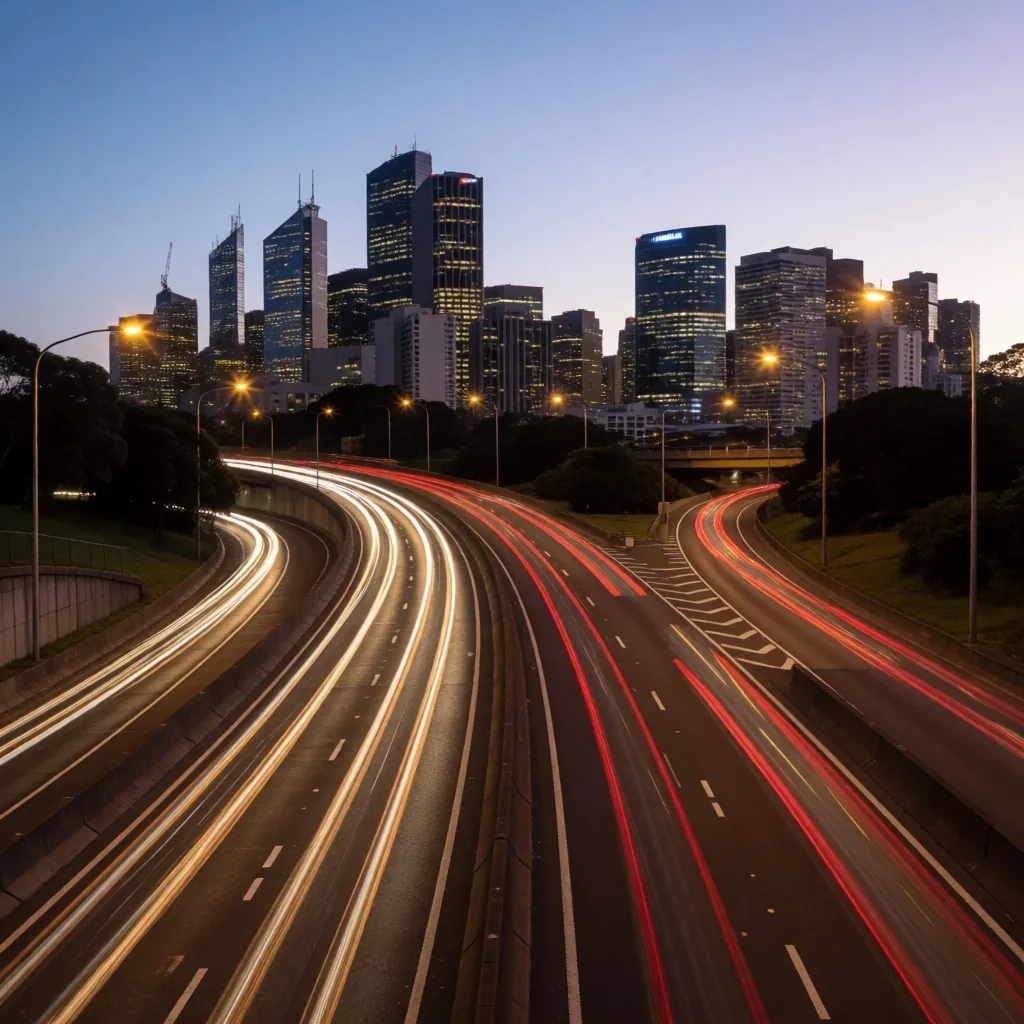 Sydney Harbour Bridge at dusk with light trails