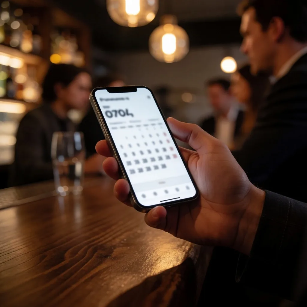 A hand holding a smartphone showing a calendar app on a dark bar counter