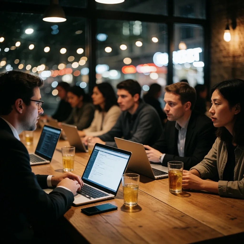People gathered at tables in a dimly lit Sydney pub, discussing and working on laptops