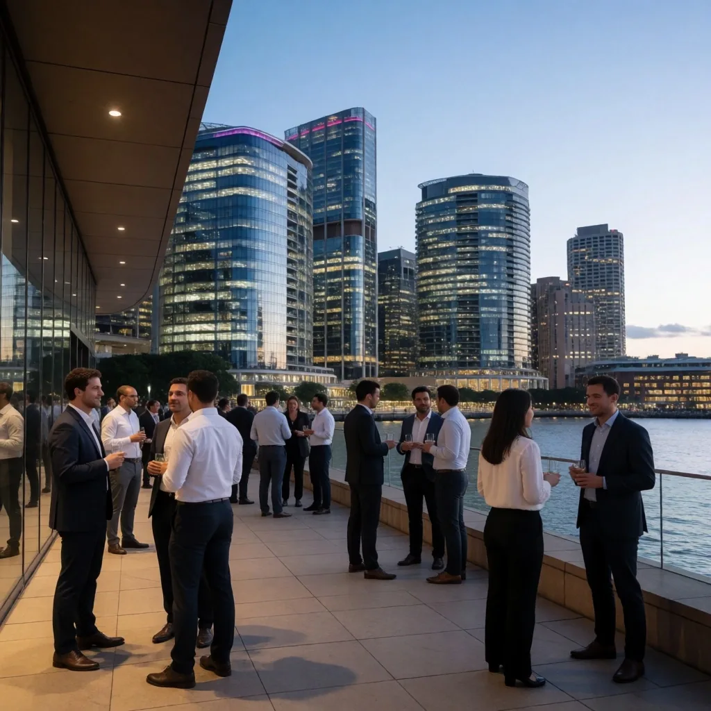 Sydney CBD skyline at dusk, office towers glowing against a deep navy sky