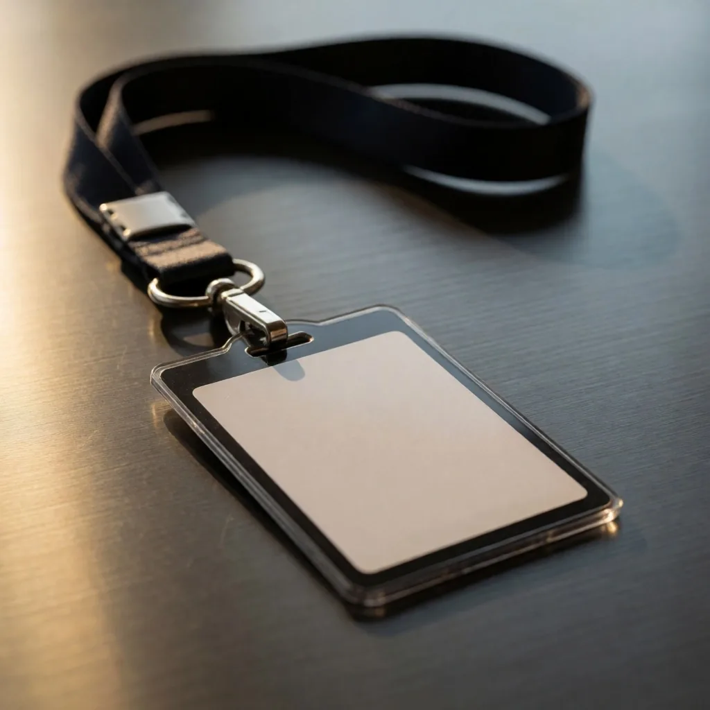 Conference badge on brushed steel surface