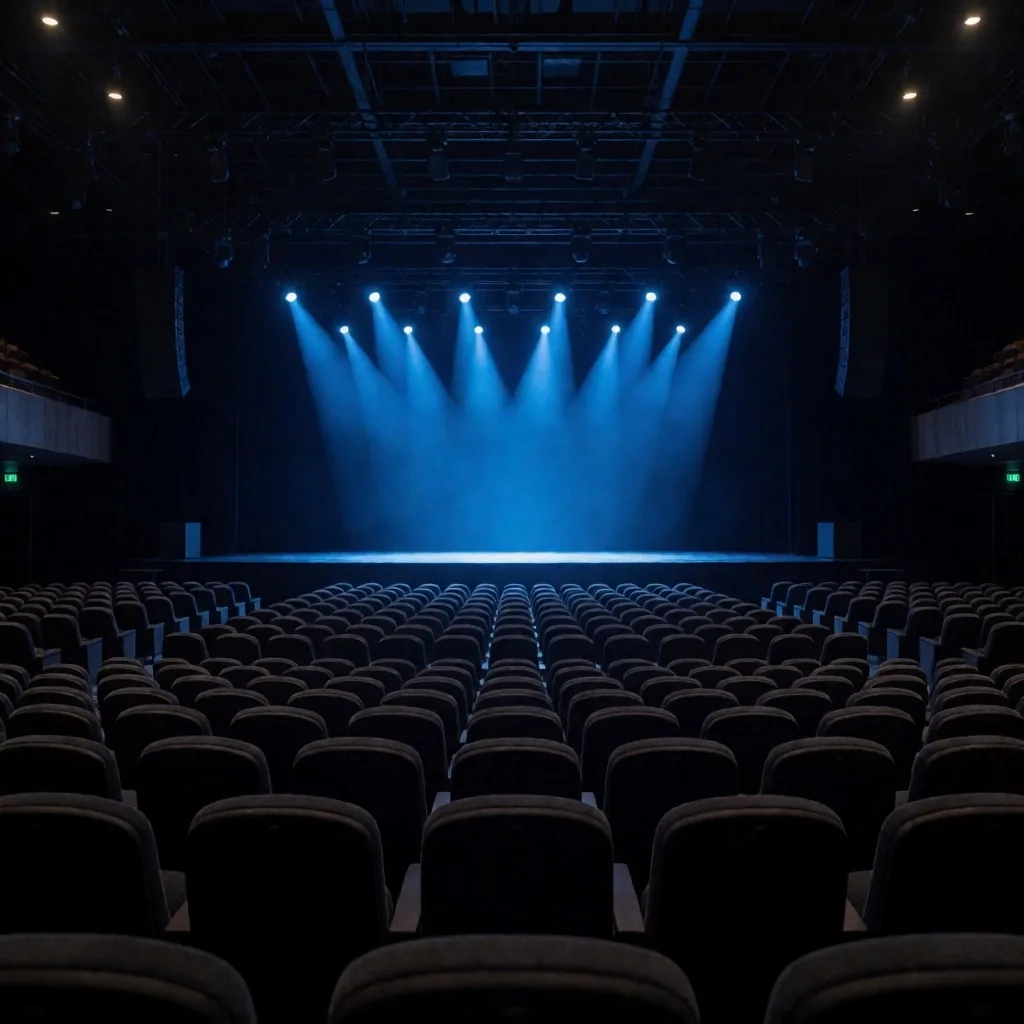 Empty conference hall stage at ICC Sydney with dramatic lighting