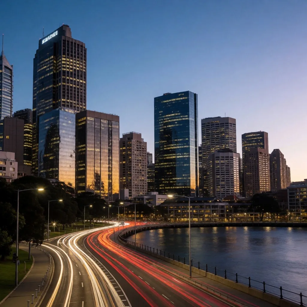 Sydney CBD skyline at blue hour with glass towers and light trails