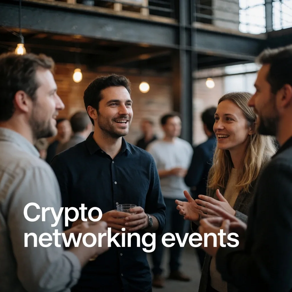 Attendees networking at a Sydney blockchain meetup in a dimly lit bar