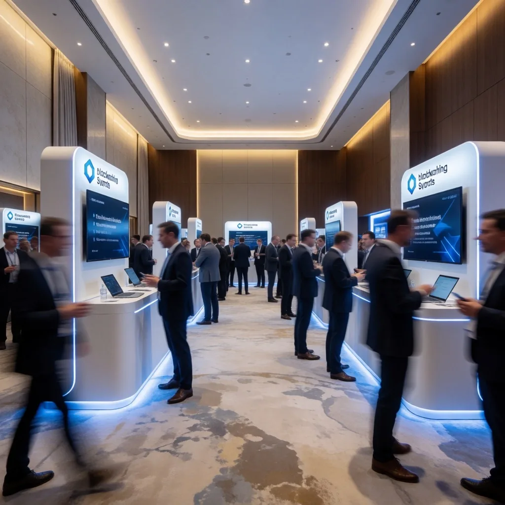Large blockchain conference exhibition hall with attendees and booths