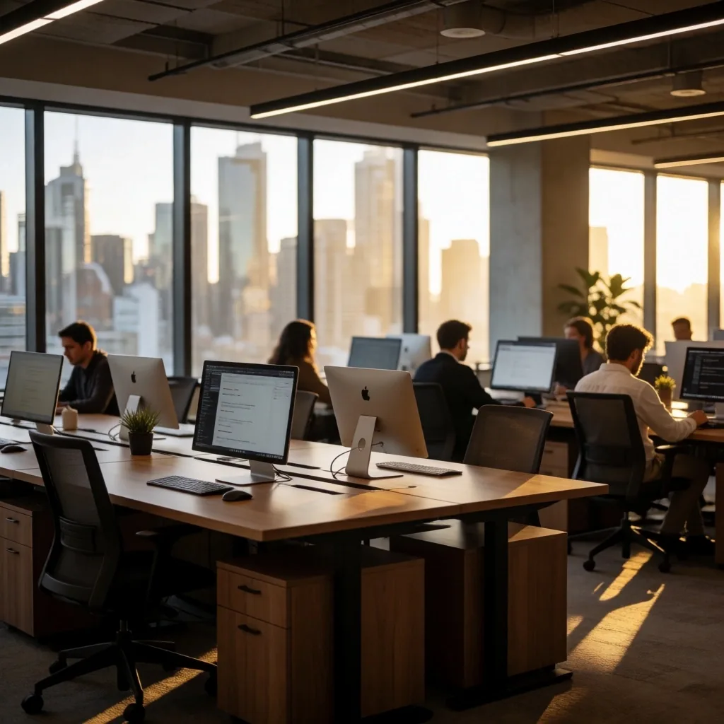 Sydney tech co-working space interior at late afternoon with city view