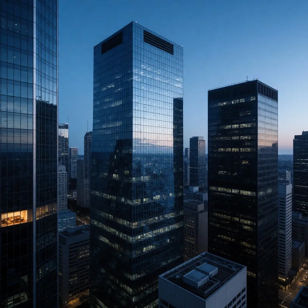 Sydney CBD skyline at blue hour, glass towers against a deep nocturnal sky