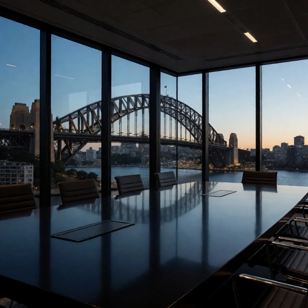 High-rise boardroom in Barangaroo overlooking Sydney Harbour at dusk