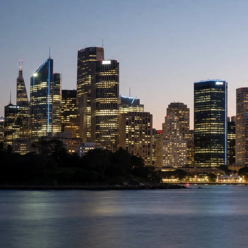 Sydney CBD skyline at blue hour with illuminated skyscrapers